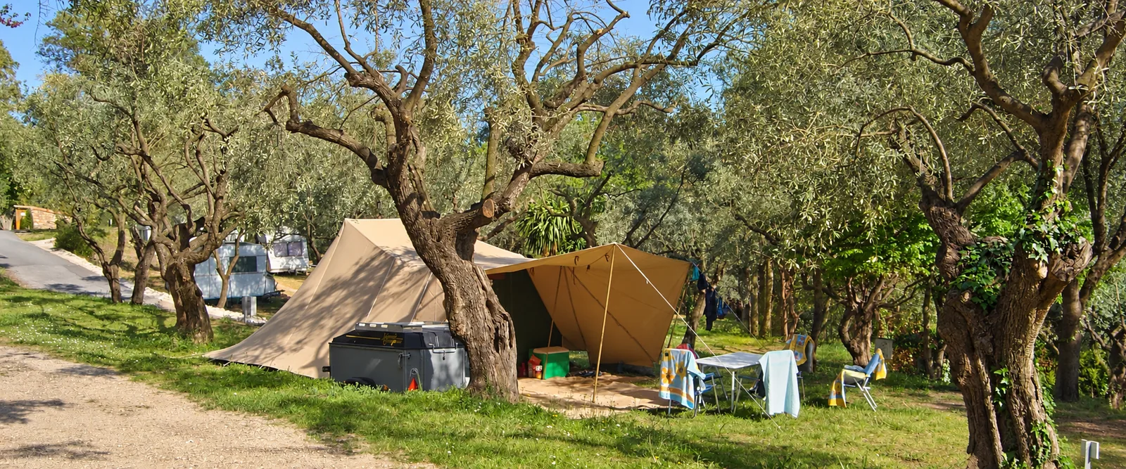 Une tente familiale à l’ombre des oliviers — Emplacement Restanque, Camping Les Philippons